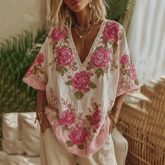 Women's Vintage  Floral Gradient Art V Neck Linen Comfy T-shirt artswardrobe