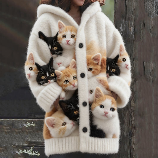 Comstylish Crowded Fuzzy Cats Cozy Hooded Cardigan