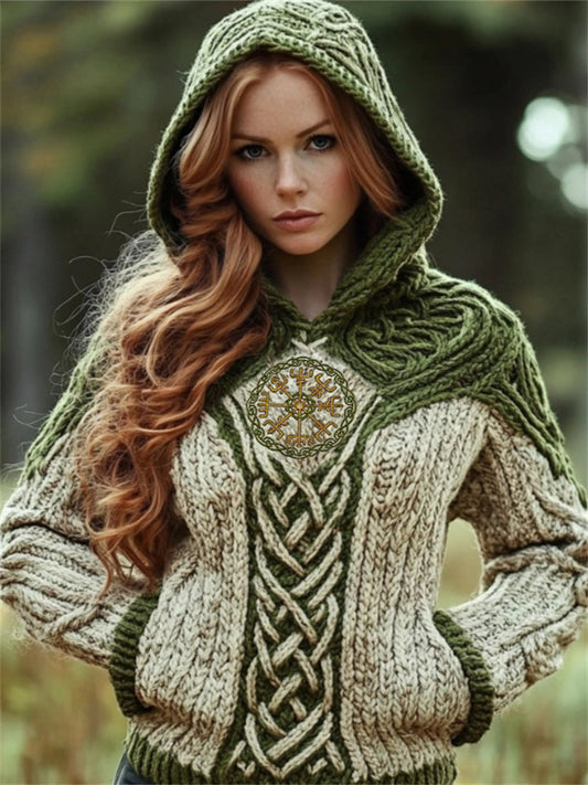 Viking Vegvisir Embroidered Celtic Contrast Cozy Hooded Sweater elevenforest