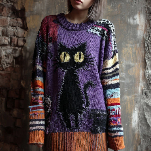 Halloween Black Cat Embroidered Patchwork Long Knitted Sweater elevenforest