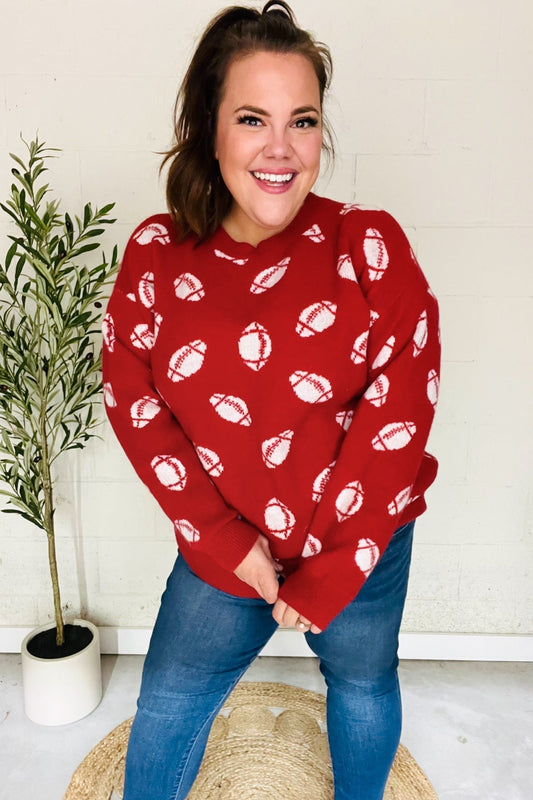 Gisela® | Red football print jacquard knit sweater for game day