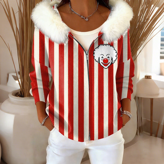 Comstylish Women's Cologne Carnival Clown Striped Casual Zip Up Hoodie
