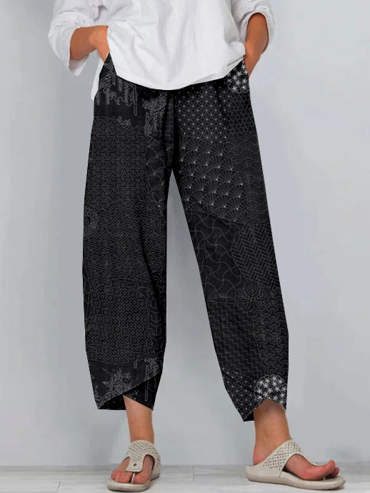 Comstylish Japanese Traditional Sashiko Art Cropped Casual Pants