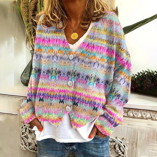 Vintage Gradient Stripes Jacquard Button Cozy Sweater elevenforest