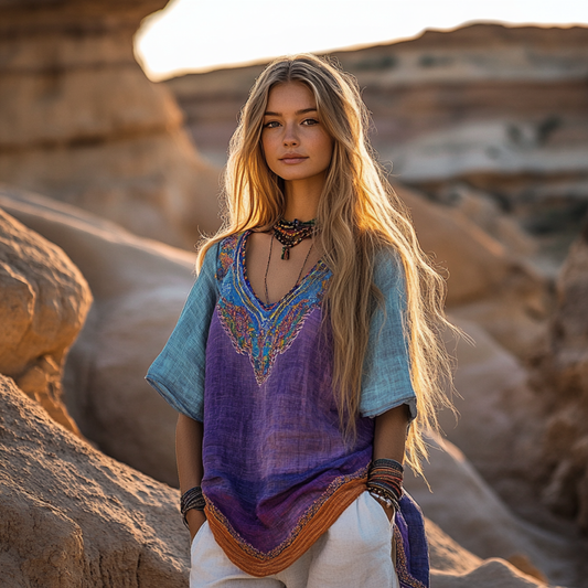 Vintage Bohemian Ethnic Floral Linen Art Print Short Sleeve V-neck Shirt artswardrobe