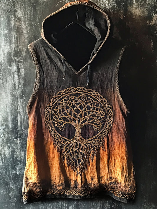 Men's Celtic Tree Of Life Gradient Dyed Hooded Linen Vest artswardrobe