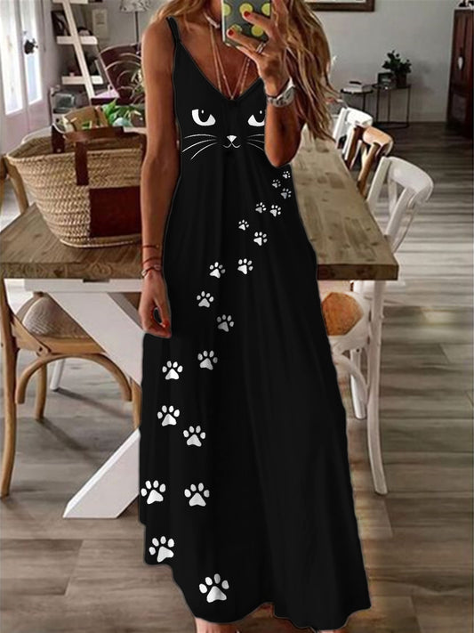 Black Cat Face Paw Print Maxi Cami Dress