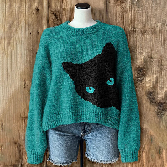 Cute Black Cat Art Jacquard Art Cozy Sweater elevenforest