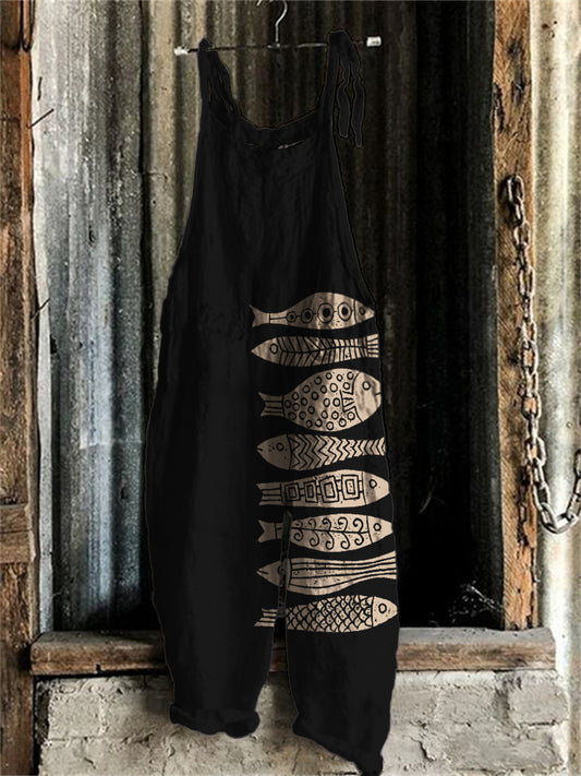Comstylish Fish Japanese Lino Art Linen Blend Jumpsuit