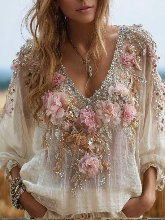 Comstylish Ladies' Bouquet-like Romantic Casual Long-sleeved Top