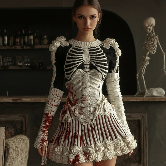 Comstylish Vintage Skull Anatomy Blood Bandage Contrast Color Knit Crew Neck Mini Skirt