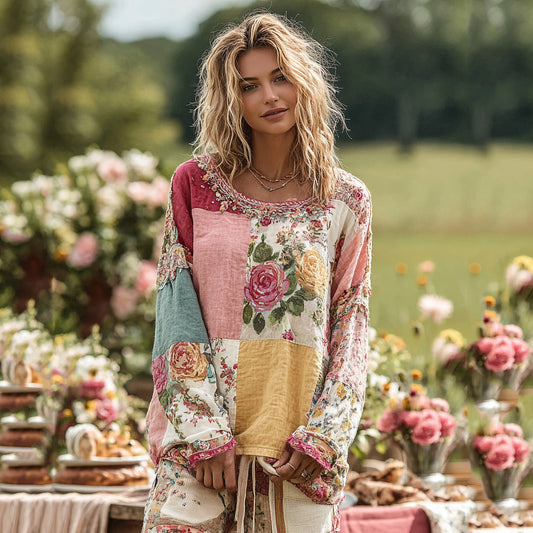 Women's Bohemian Rose Patchwork Contrast Color Long Sleeve T-shirt artswardrobe