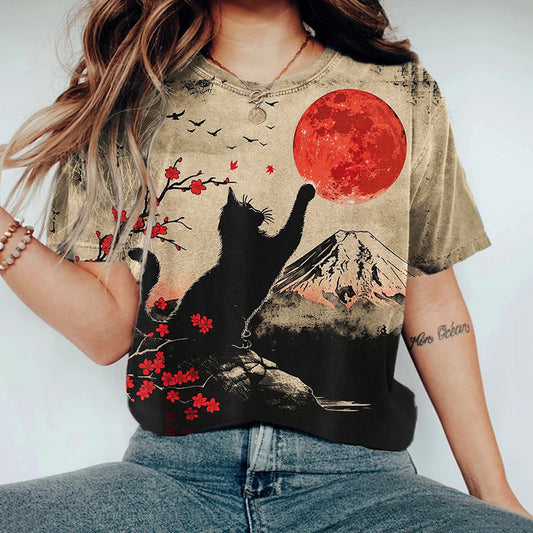 Comstylish Black Cat Mount Fuji Sunrise Japanese Art T Shirt