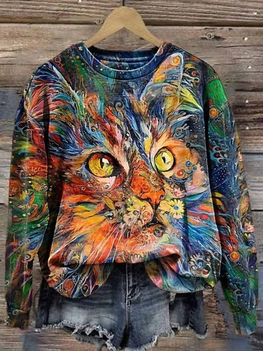 Autumn Winter Cute Cat Oil Panting Print Sweatshirt elevenforest