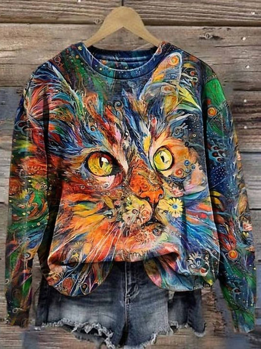 Comstylish Autumn Winter Cute Cat Oil Panting Print Sweatshirt