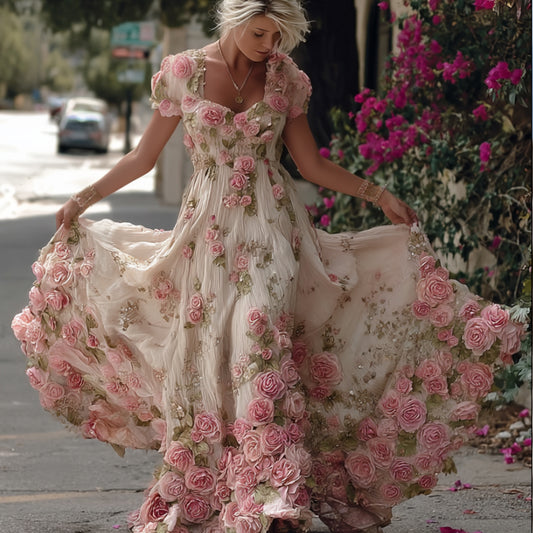 Women's Vintage Romantic Floral Short-sleeved Dress artswardrobe