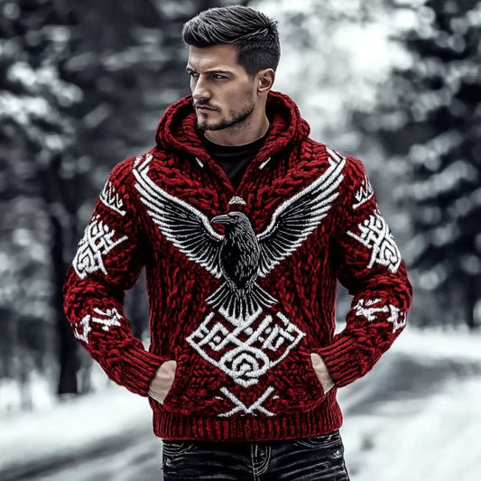 Men's Viking Raven And Rune Knitted Warm Hooded Sweater elevenforest