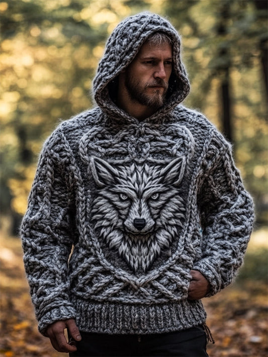 Men's Silver Wolf Viking Celtic Chunky Hooded Sweater elevenforest