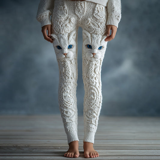 Comstylish Women's Cute Cat Face Embroidered Gradient Cozy Leggings
