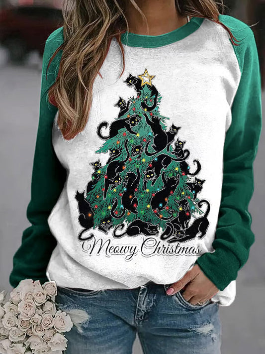 Women's Meowy Christmas Tree Lantern Black Cat Print Sweatshirt elevenforest