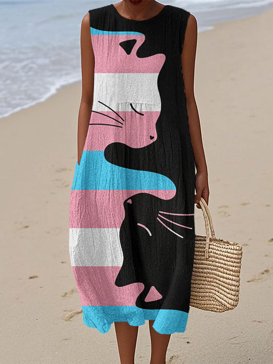 Transgender Yin Yang Cat Art Linen Midi Tank Dress elevenforest