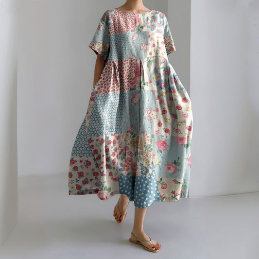 Squares Patchwork and Ditsy Floral Print Loose Midi Dress artswardrobe