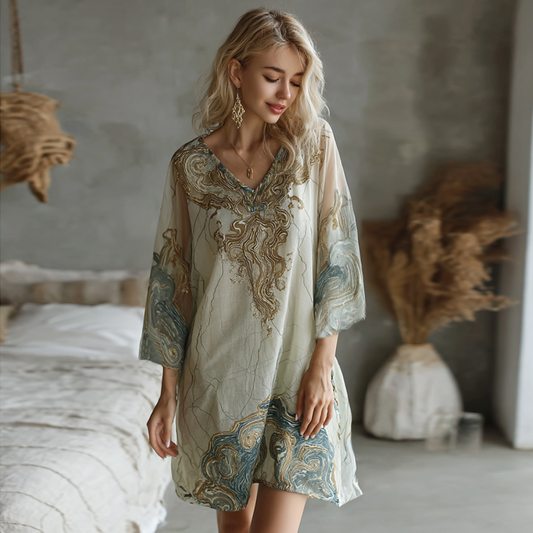 Vintage Marble Texture Collection Retro Bohemia Women Style Gradient Gilded Pattern Linen Dress artswardrobe