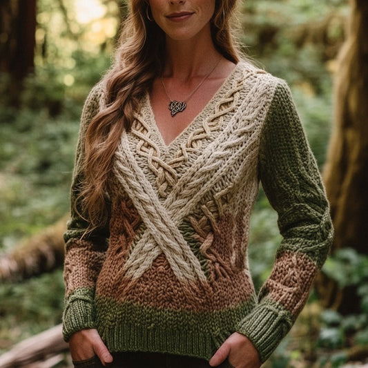 Vintage Gradient Celtic Knot Chunky V-neck Irish Aran Sweater elevenforest