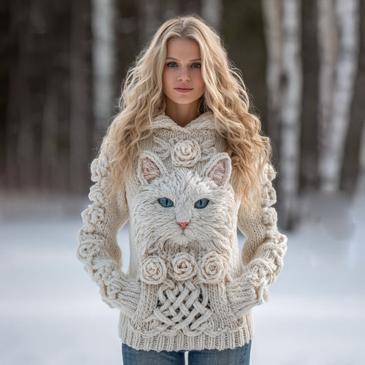 Women's Vintage Cat And Roses Art Knitted Warm Cazy Hooded Sweater elevenforest