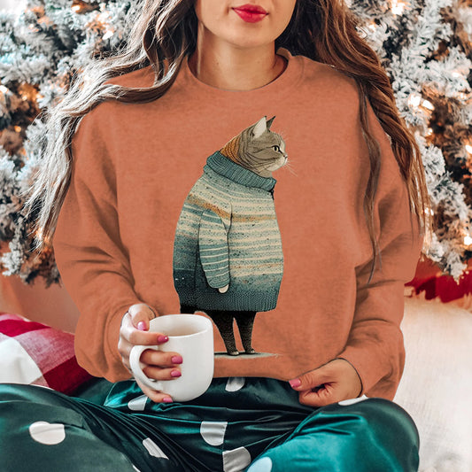 Comstylish Vintage Cat Print Round Neck Long Sleeve Sweatshirt