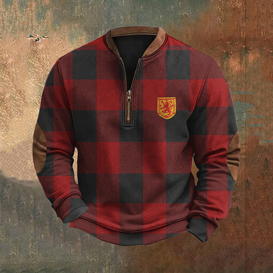 Vintage Scotland Badge With Buffalo Plaid Art Print Men's Zipper Neck Knit Sweatshirt artswardrobe