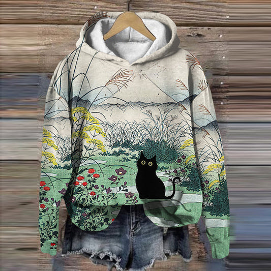 Women's Flowers & Black Cat Art Casual Hoodie elevenforest