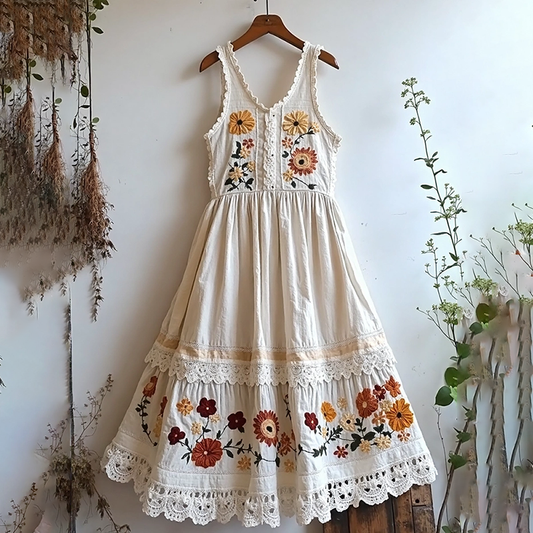 Vintage Lace Flowers Art Linen V Dress artswardrobe
