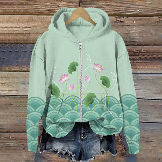 Comstylish Japanese Art Lotus Print Zip Hoodie