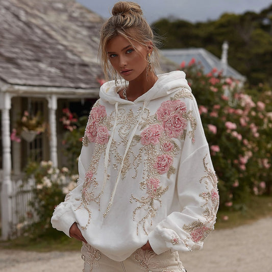 Comstylish Women's Vintage Rose Pearl Embroidery Comfortable Warm Hoodie