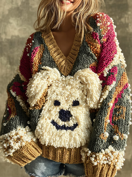Lady Retro Cute Dog Plush Comfortable Knitted Sweater. elevenforest