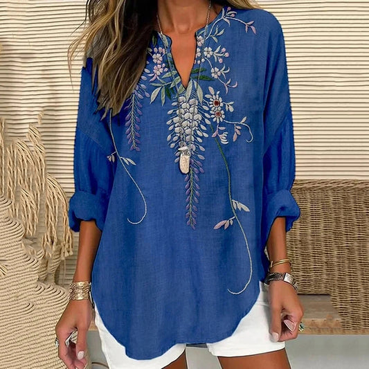 Comstylish Women's Japanese Art Flower Print V-neck Shirt