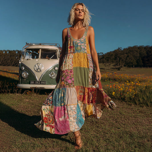 Countryside Style Collection Classy Patchwork Floral Pattern Art Linen Suspender Dress artswardrobe