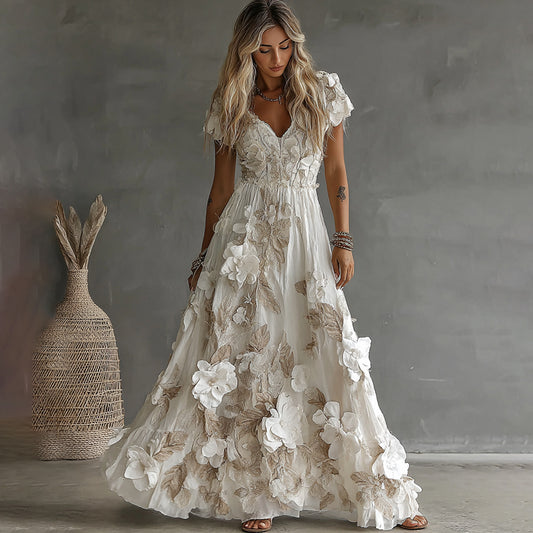 Comstylish Women's Vintage Boho Floral Art Short-sleeved Maxi Dress
