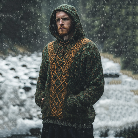 Men's Vintage Irish Celtic Knot Jacquard Mottled Hooded Sweater elevenforest