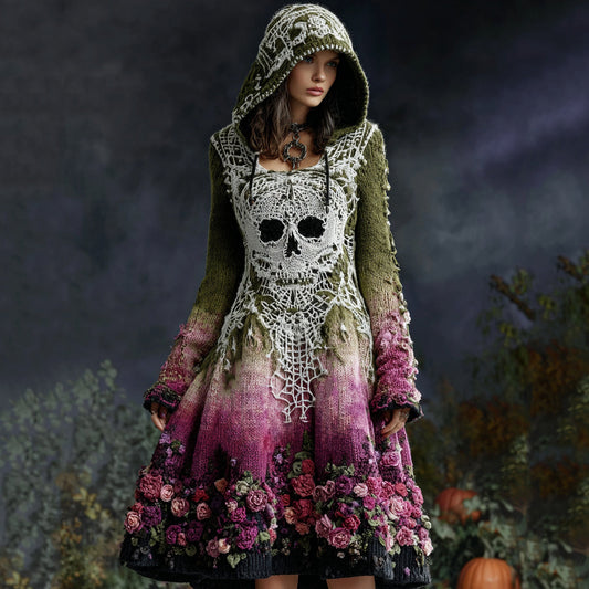 Women's Skull Floral Hooded Knit Dress artswardrobe