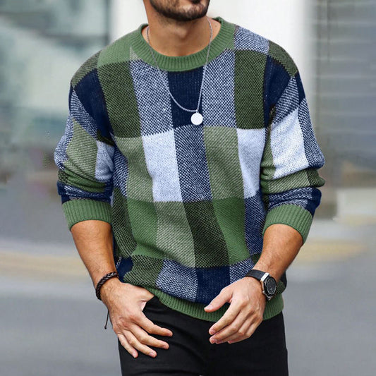 Men'S Vintage Color Block Plaid Jacquard Cozy Sweater elevenforest