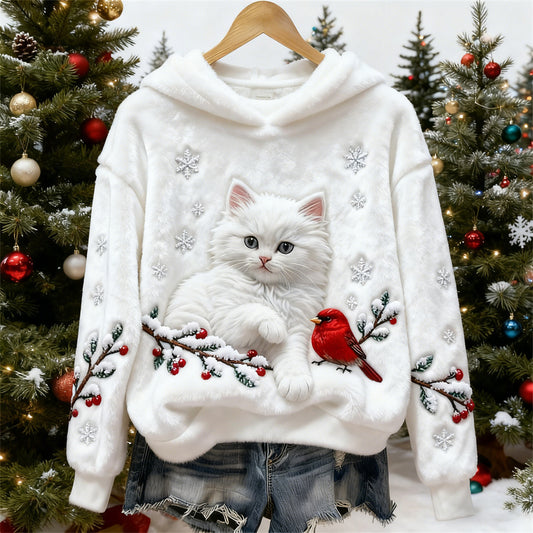 Comstylish Christmas Cat & Bird Women's Flannel Hooded Sweatshirt