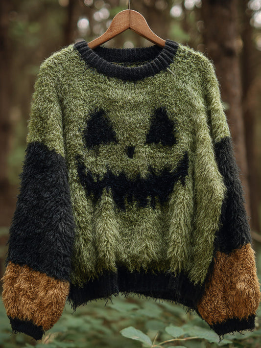 Women's Casual Vintage Halloween Ghost Face Embroidered Sweater elevenforest