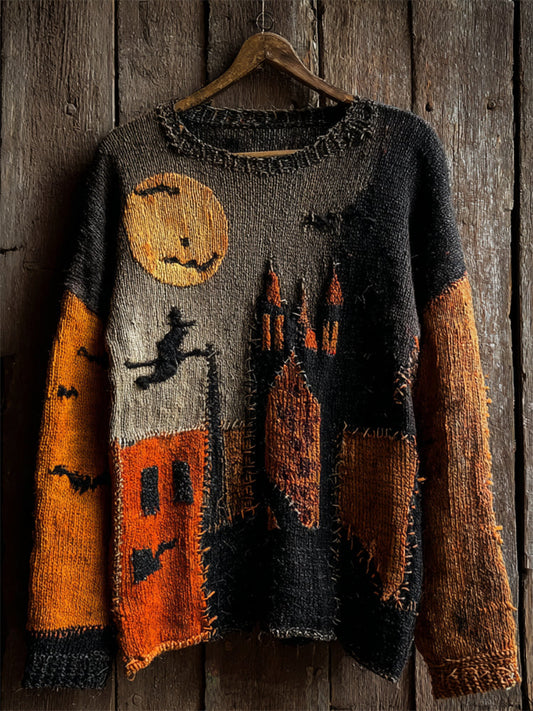 Halloween Night Witch Contrast Cozy Knit Sweater elevenforest