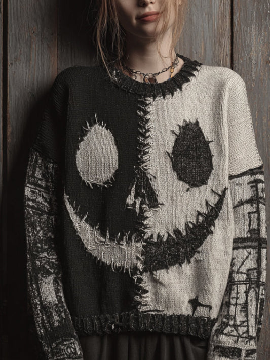 Halloween Color-blocked Casual Vintage Sweater elevenforest