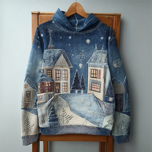 Comstylish Snowy Christmas Night Landscape Denim Patchwork Hoodie