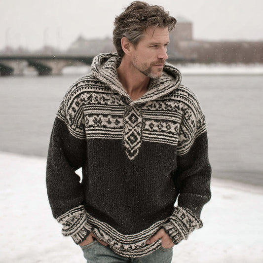 Men's Vintage Warmth Scandinavian Knit Jacquard Icelandic Thick Warm Hooded Sweater artswardrobe