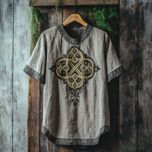 Men's Viking Tribal And Celtic Knotwork Embroidered Linen T-shirt artswardrobe