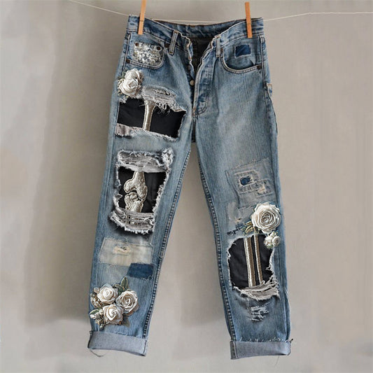 Comstylish Halloween Skeleton Anatomy White Roses Distressed Washed Jeans